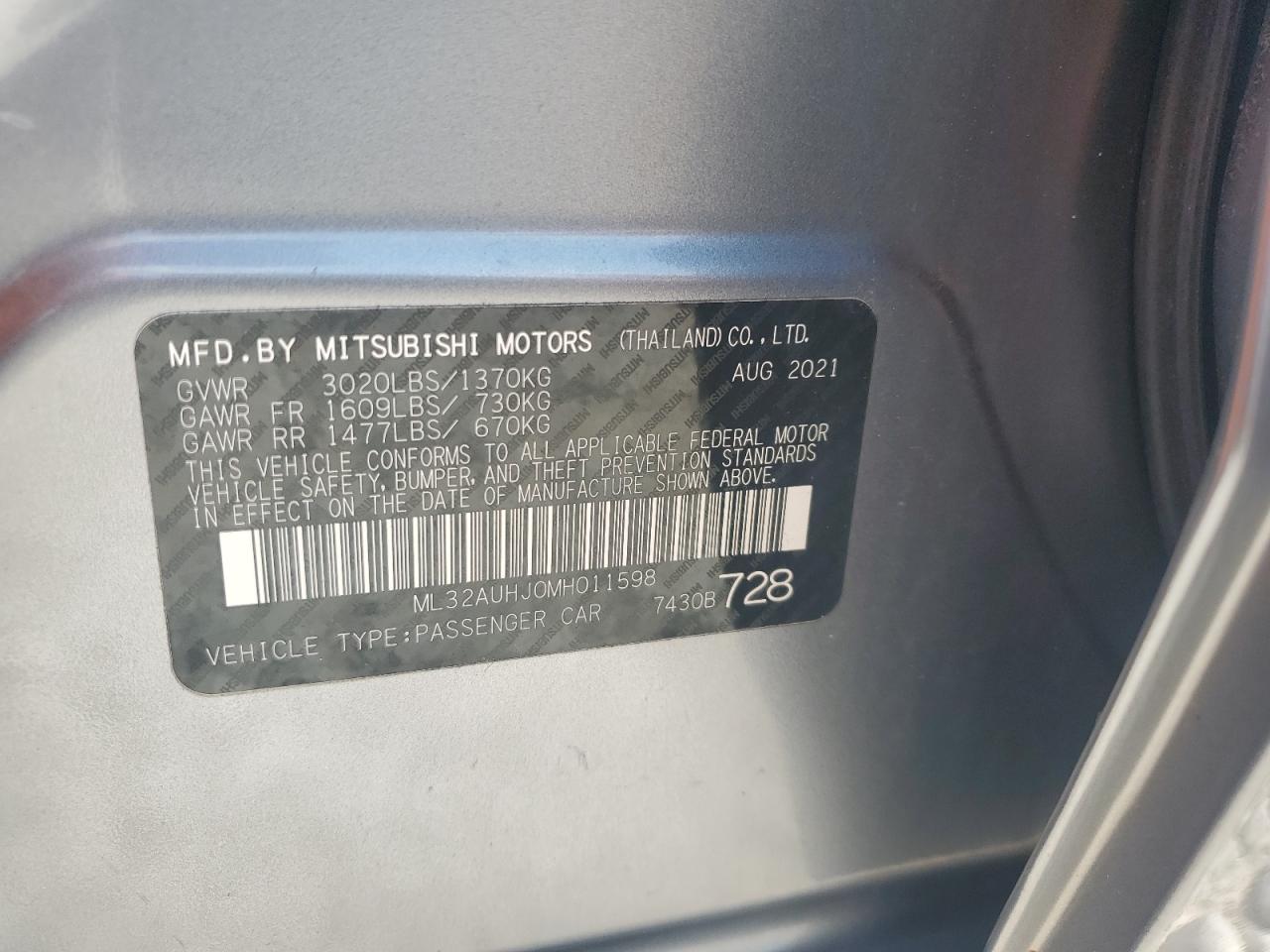 2021 Mitsubishi Mirage Es VIN: ML32AUHJ0MH011598 Lot: 56889685