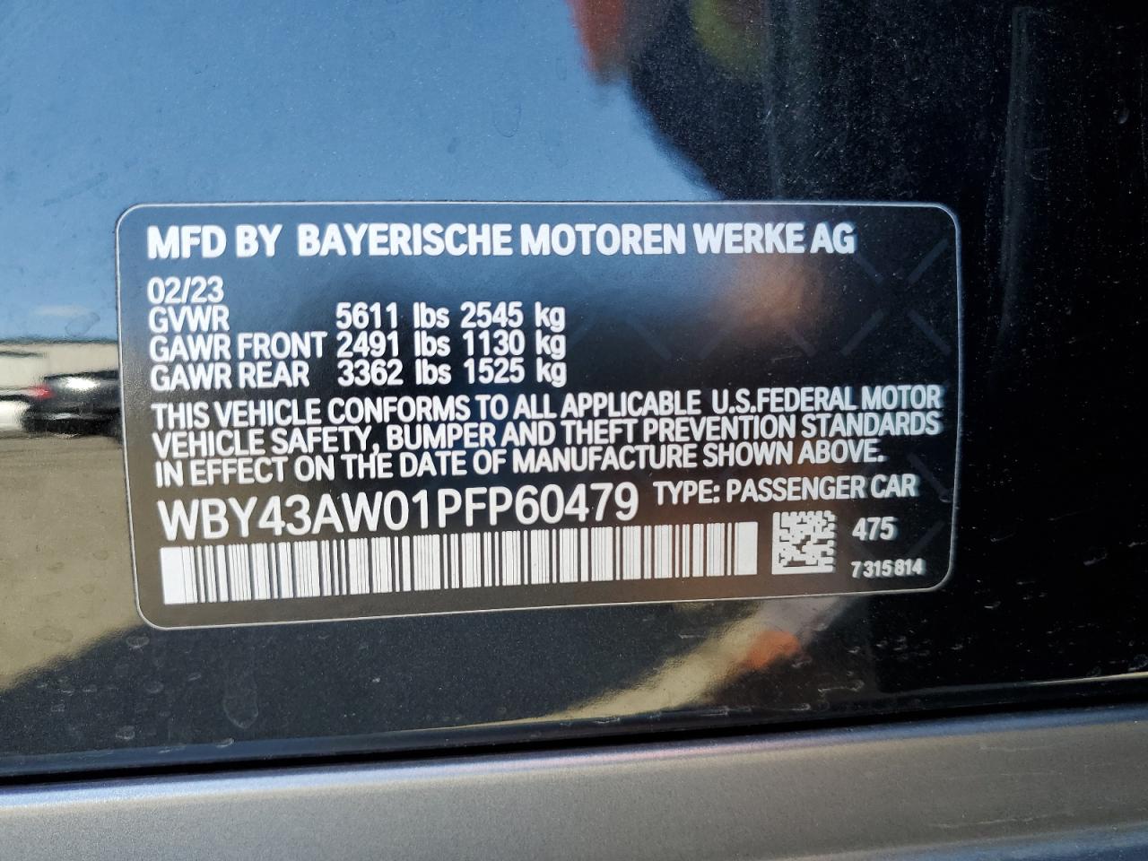 2023 BMW I4 Edrive 35 VIN: WBY43AW01PFP60479 Lot: 57111685