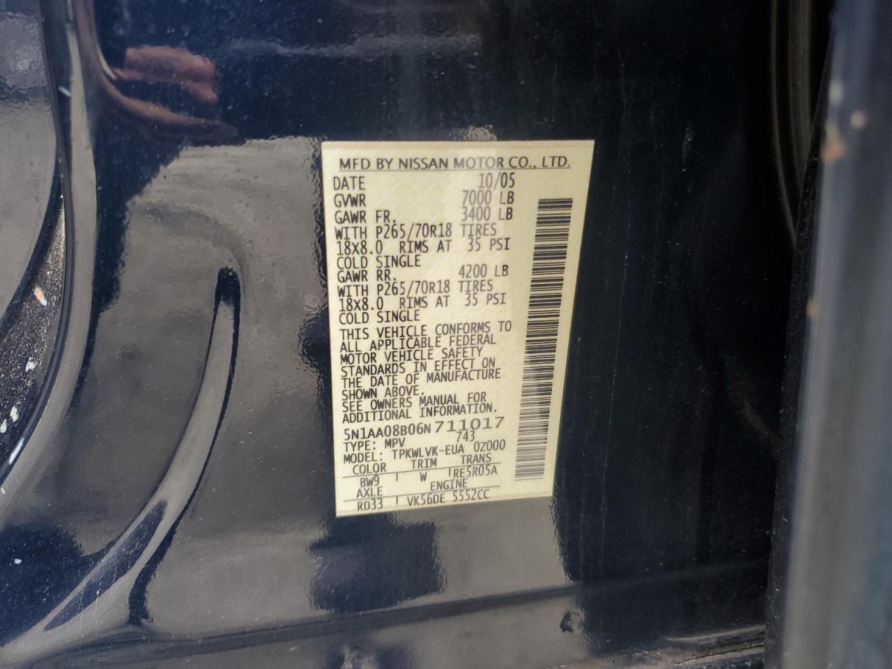 2006 Nissan Armada Se VIN: 5N1AA08B06N711017 Lot: 58475405