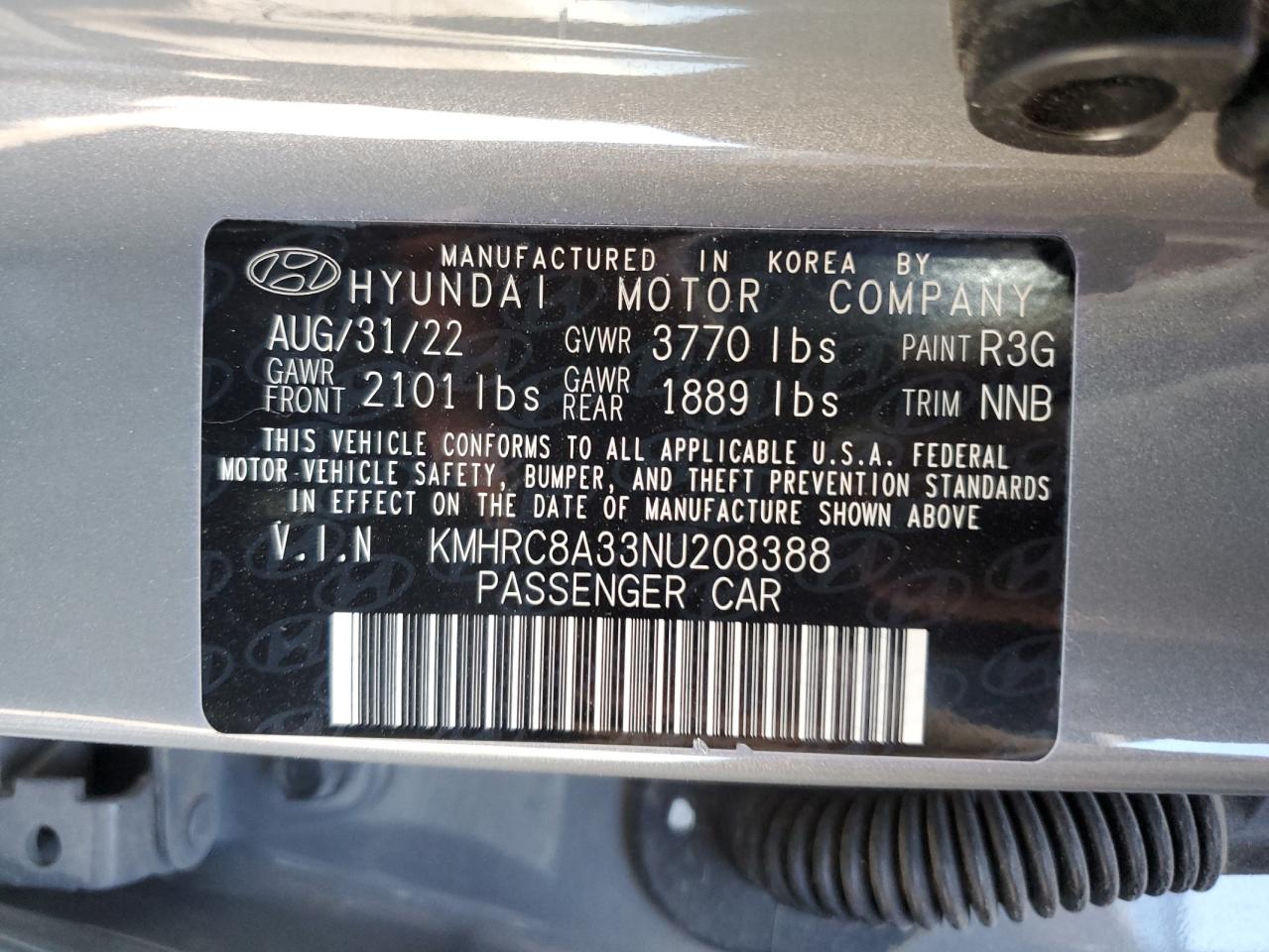 2022 Hyundai Venue Sel VIN: KMHRC8A33NU208388 Lot: 57341775
