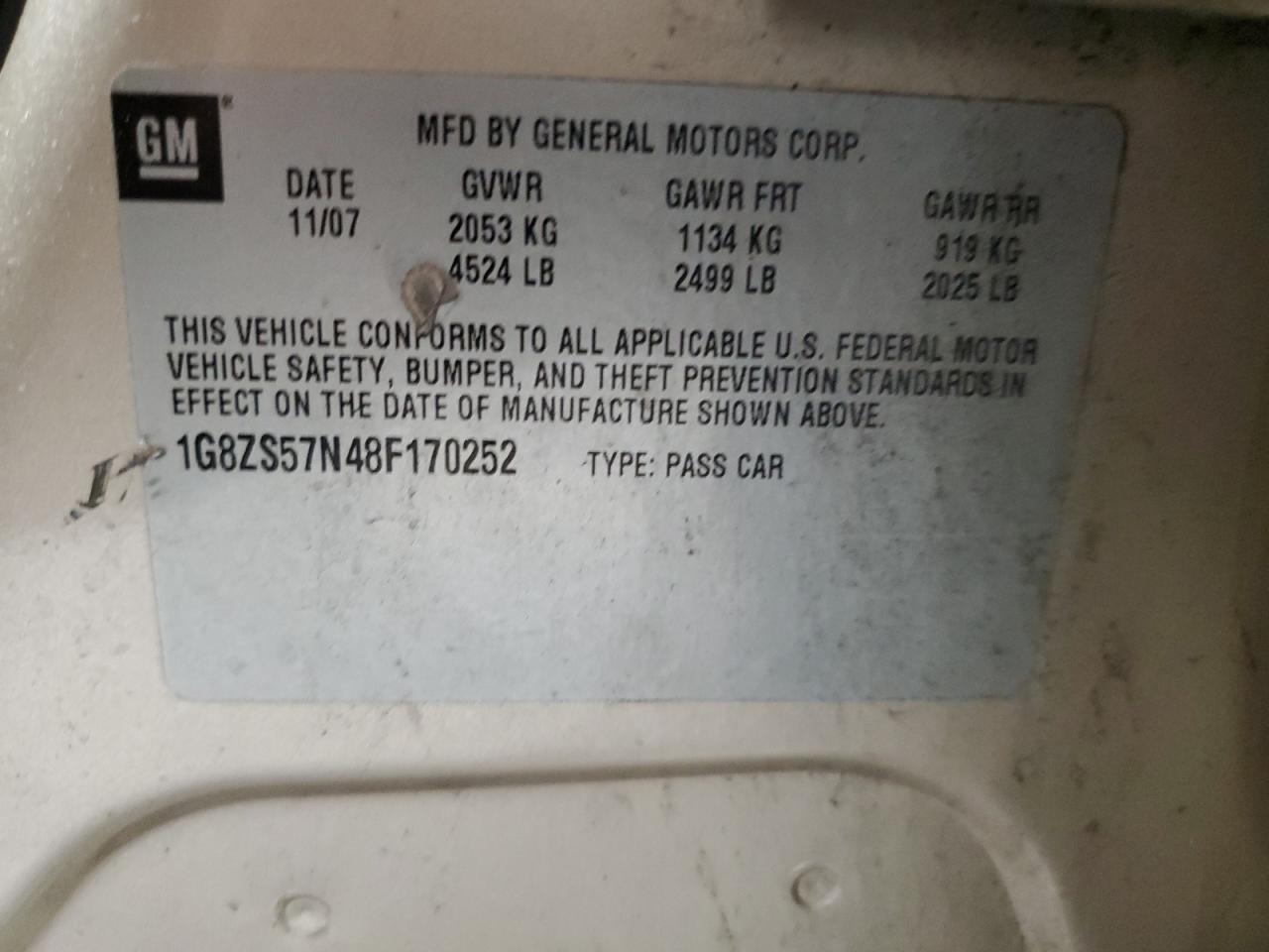2008 Saturn Aura Xe VIN: 1G8ZS57N48F170252 Lot: 63323465