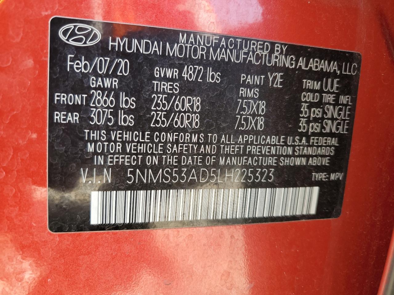 2020 Hyundai Santa Fe Limited VIN: 5NMS53AD5LH225323 Lot: 56768145