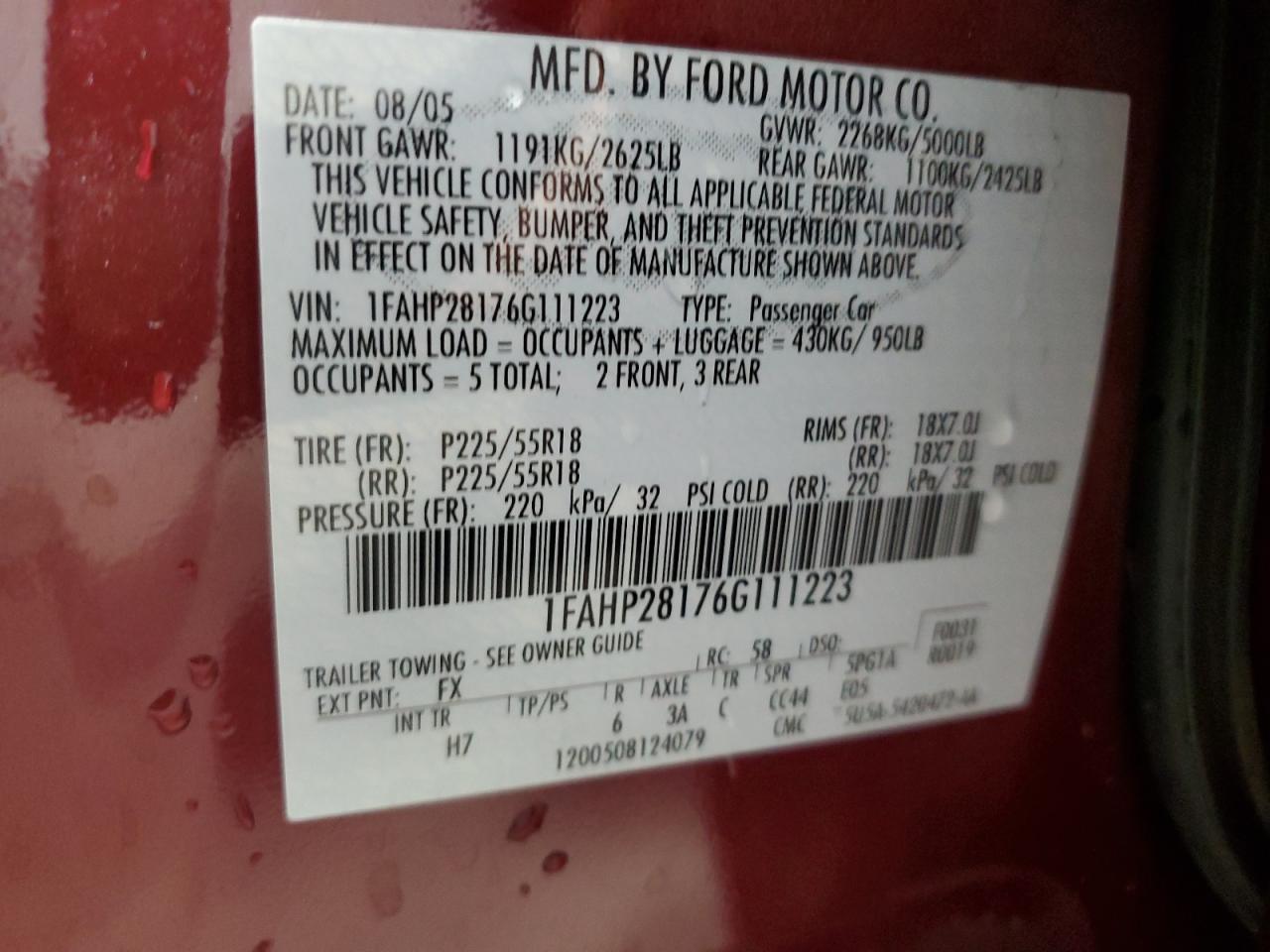 2006 Ford Five Hundred Limited VIN: 1FAHP28176G111223 Lot: 55824555