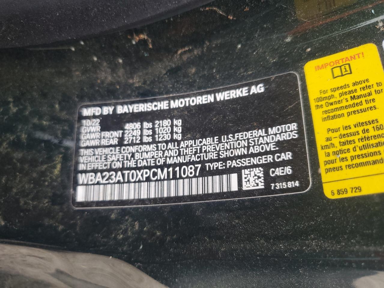 2023 BMW 430I VIN: WBA23AT0XPCM11087 Lot: 54893025