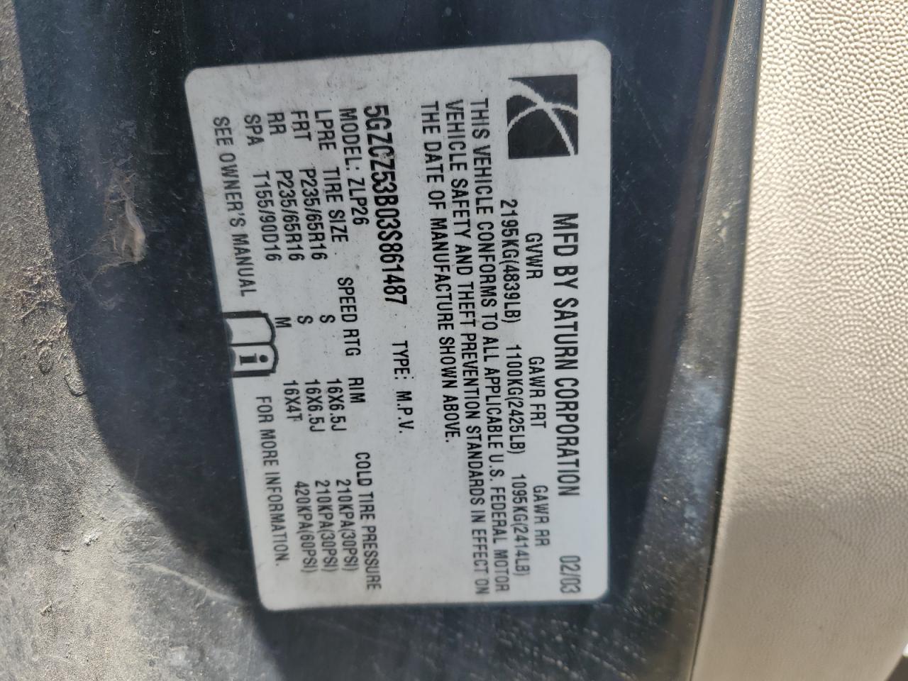 2003 Saturn Vue VIN: 5GZCZ53B03S861487 Lot: 55726185