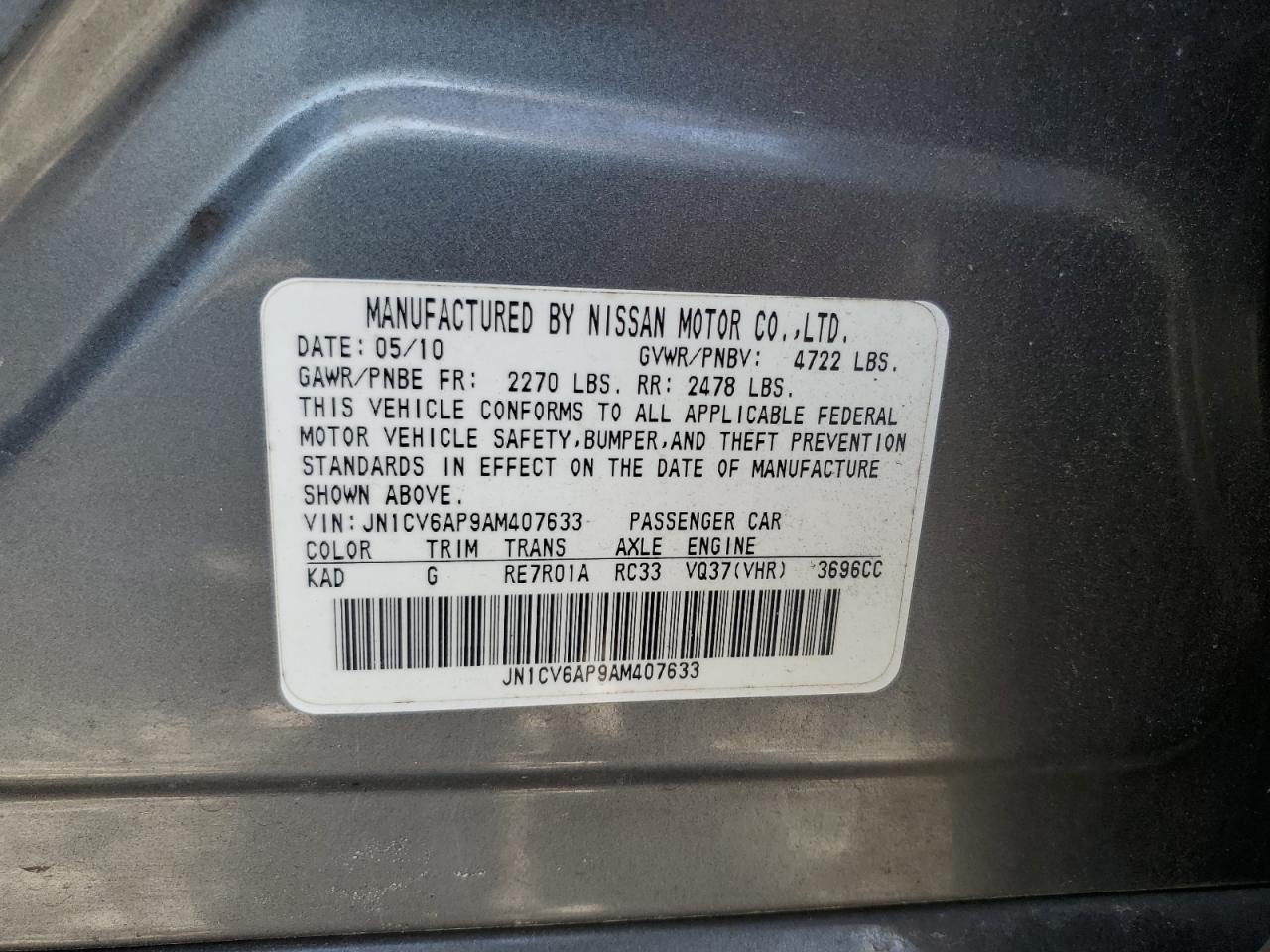 2010 Infiniti G37 Base VIN: JN1CV6AP9AM407633 Lot: 57051275