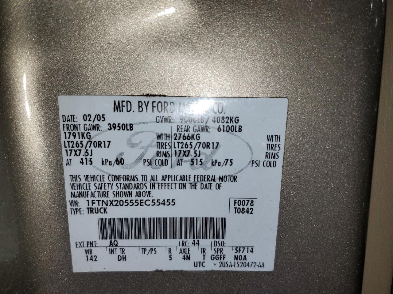 2005 Ford F250 Super Duty VIN: 1FTNX20555EC55455 Lot: 57322515