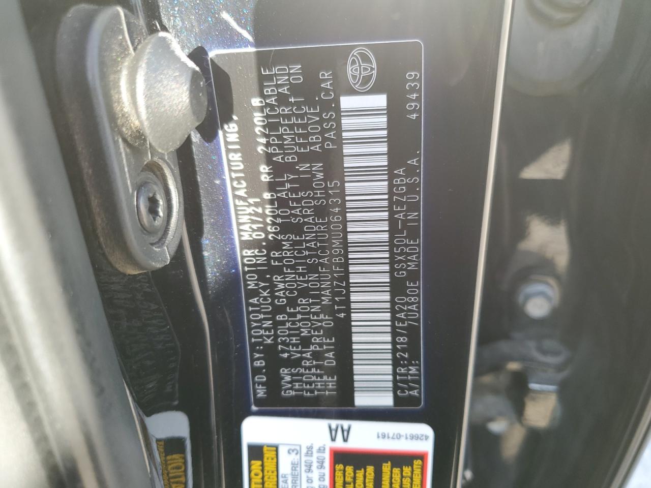 2021 Toyota Avalon Xle VIN: 4T1JZ1FB9MU064315 Lot: 56792685