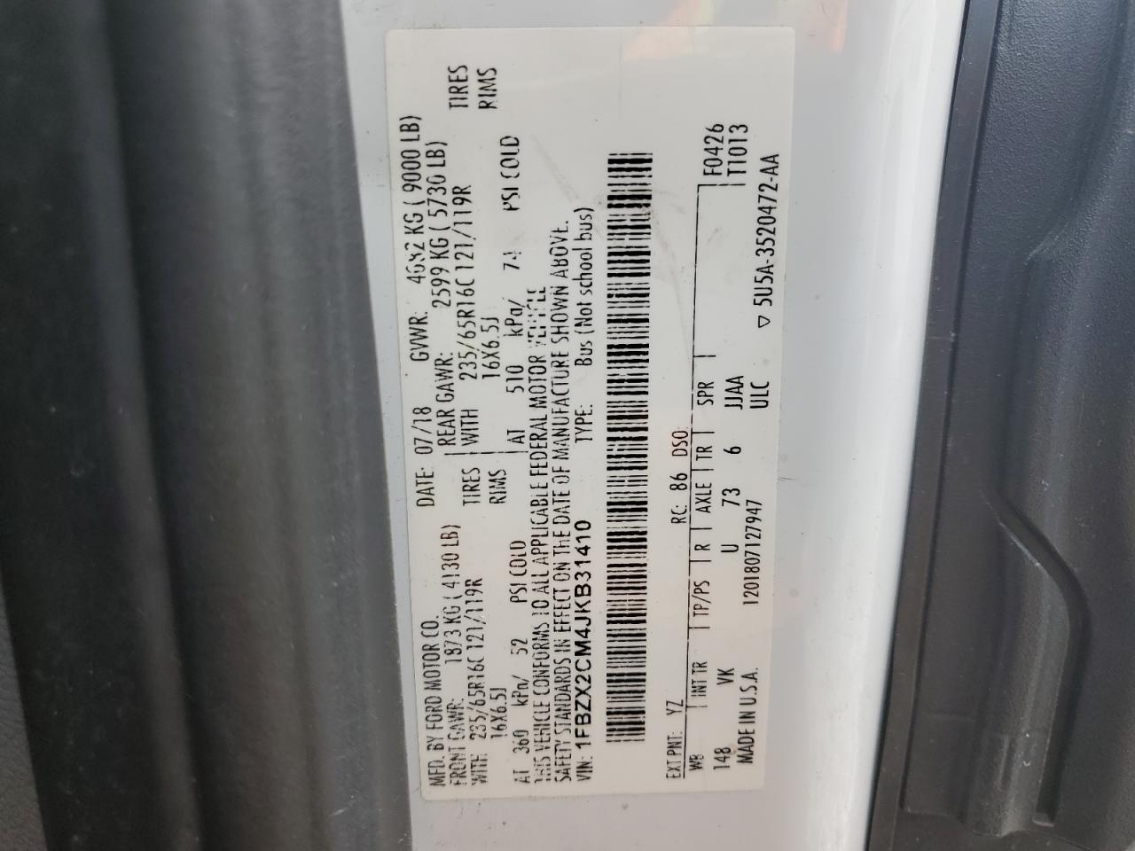 2018 Ford Transit T-350 VIN: 1FBZX2CM4JKB31410 Lot: 55992515