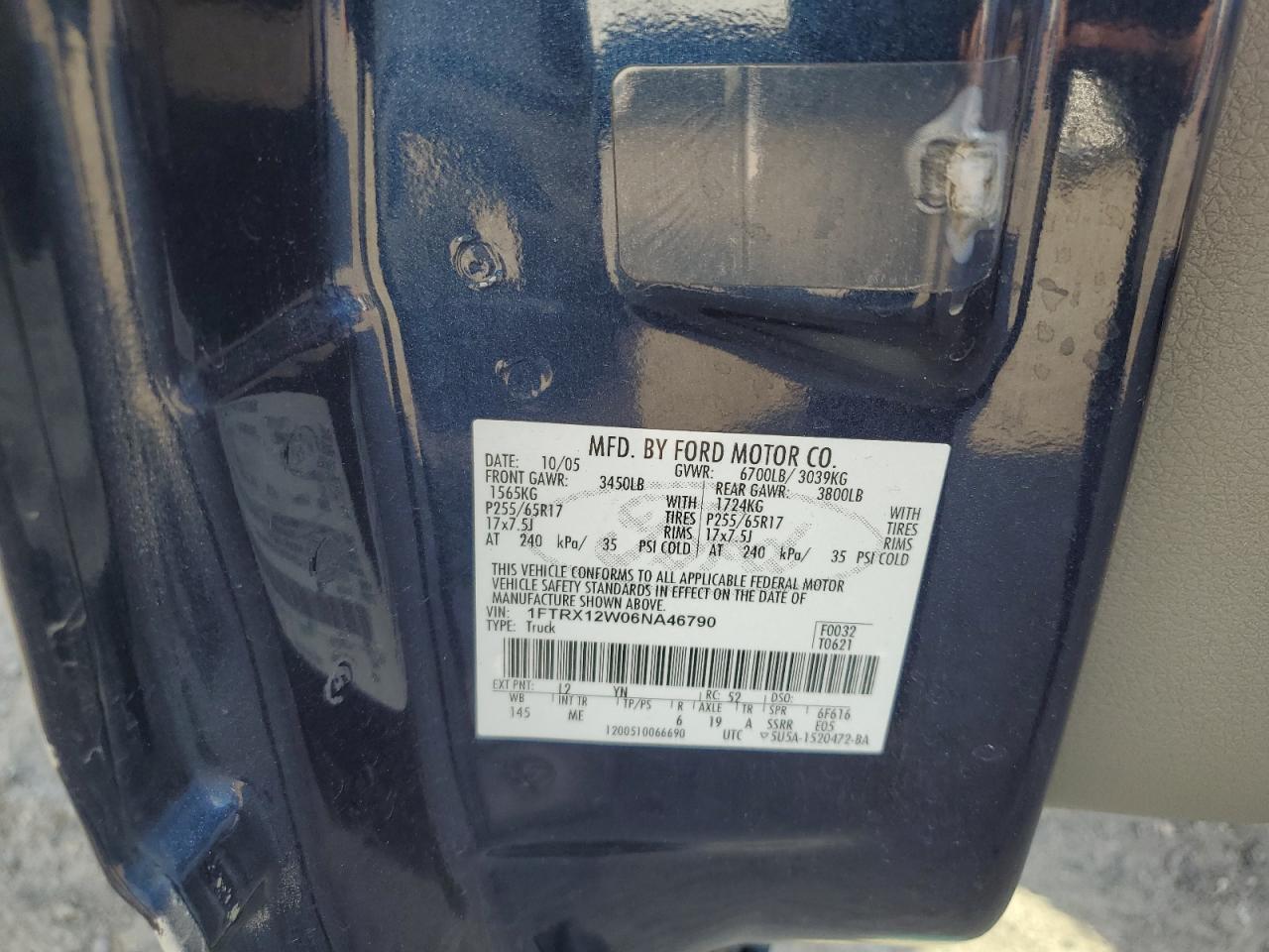 2006 Ford F150 VIN: 1FTRX12W06NA46790 Lot: 56589565