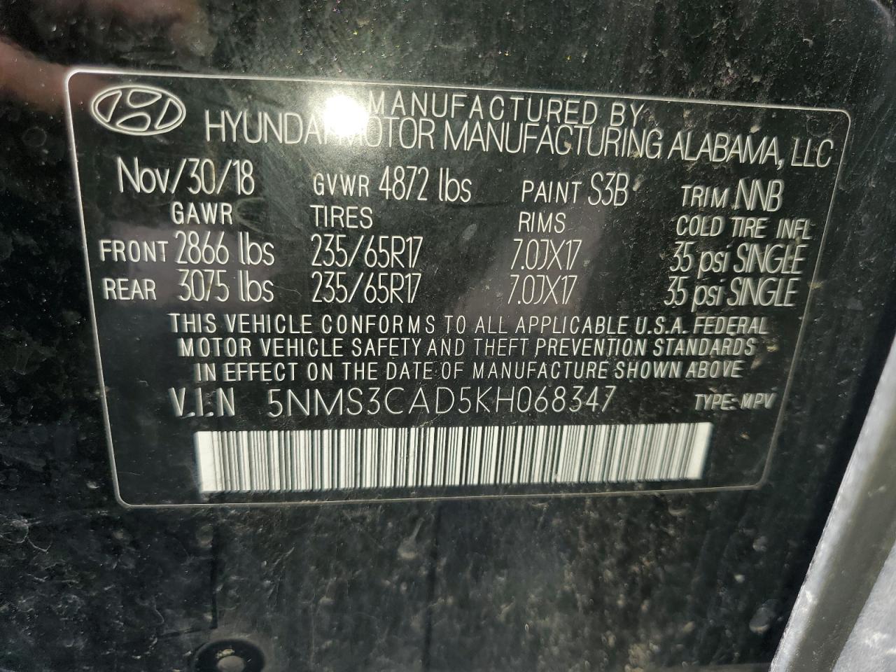 2019 Hyundai Santa Fe Sel VIN: 5NMS3CAD5KH068347 Lot: 56863975