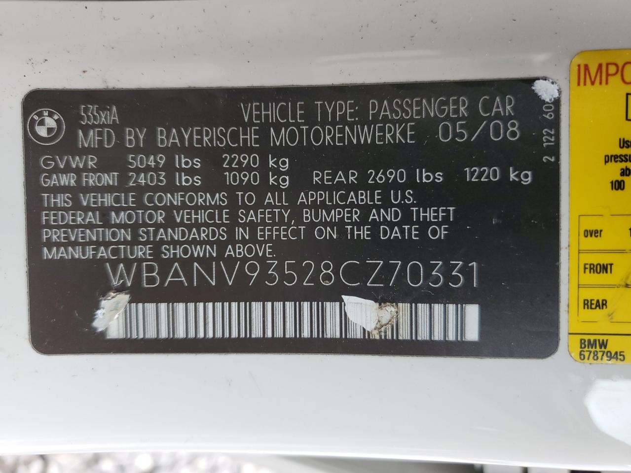 2008 BMW 535 Xi VIN: WBANV93528CZ70331 Lot: 56126105