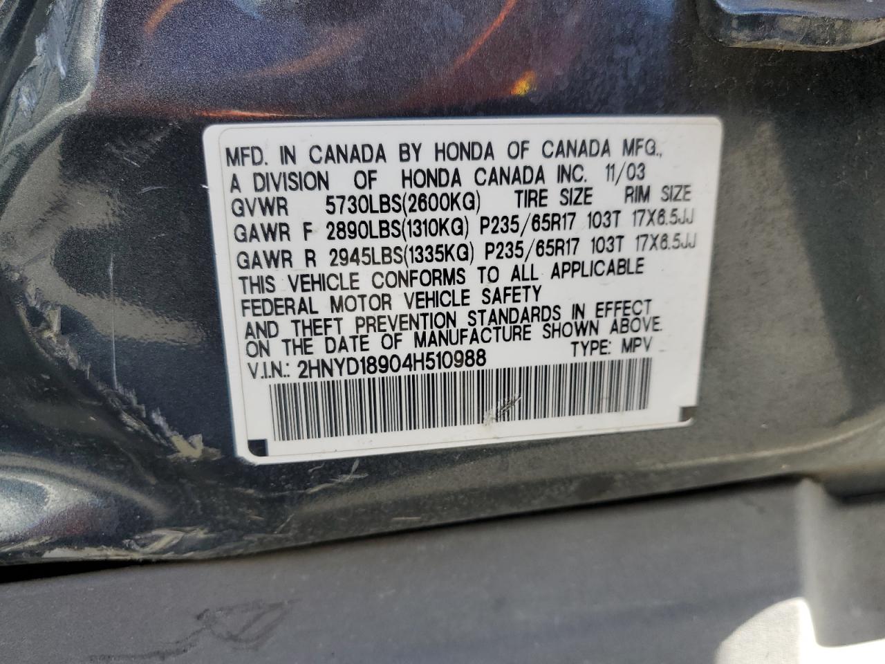 2004 Acura Mdx Touring VIN: 2HNYD18904H510988 Lot: 57417705