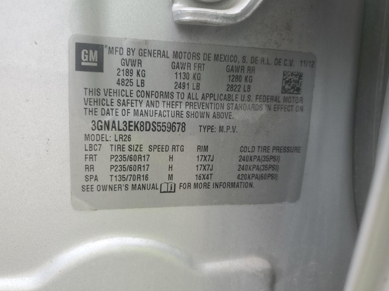 2013 Chevrolet Captiva Lt VIN: 3GNAL3EK8DS559678 Lot: 56296245