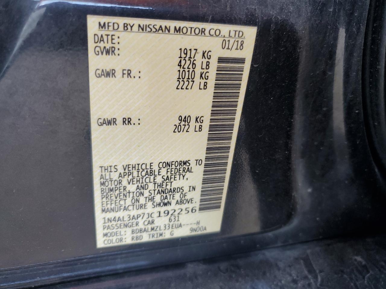 2018 Nissan Altima 2.5 VIN: 1N4AL3AP7JC192256 Lot: 55569075