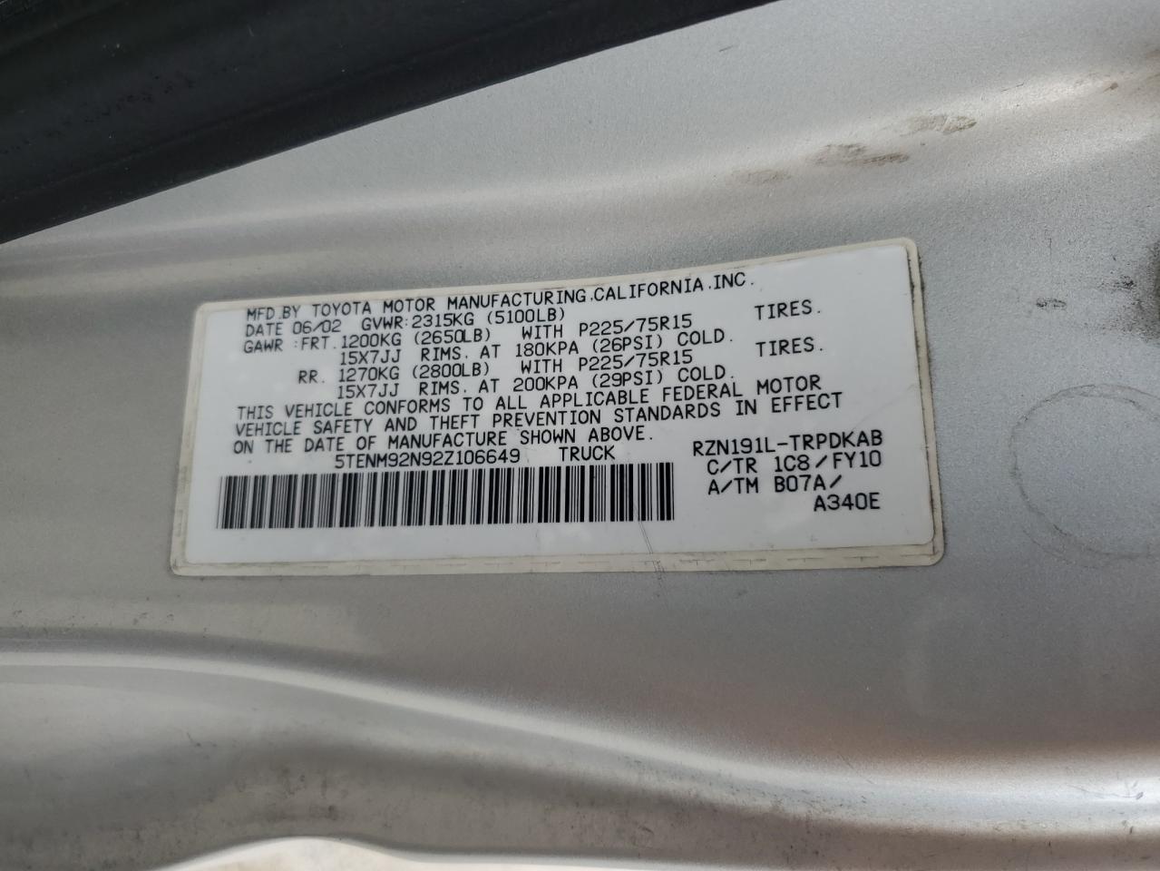 2002 Toyota Tacoma Prerunner VIN: 5TENM92N92Z106649 Lot: 56886005