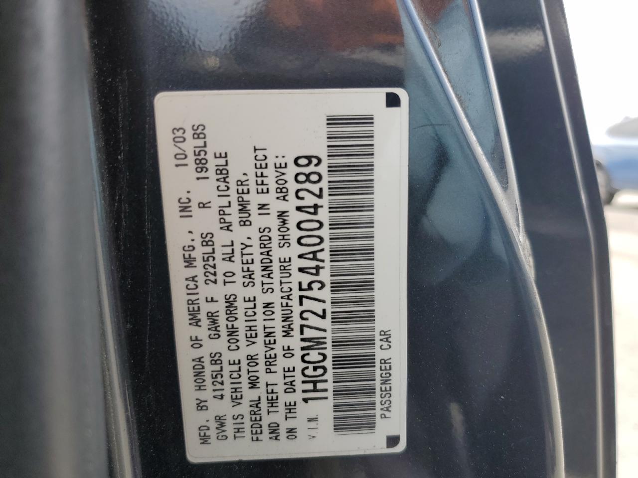 2004 Honda Accord Ex VIN: 1HGCM72754A004289 Lot: 58200835