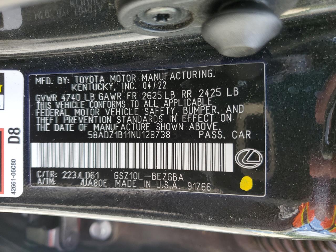 2022 Lexus Es 350 Base VIN: 58ADZ1B11NU128738 Lot: 56295765