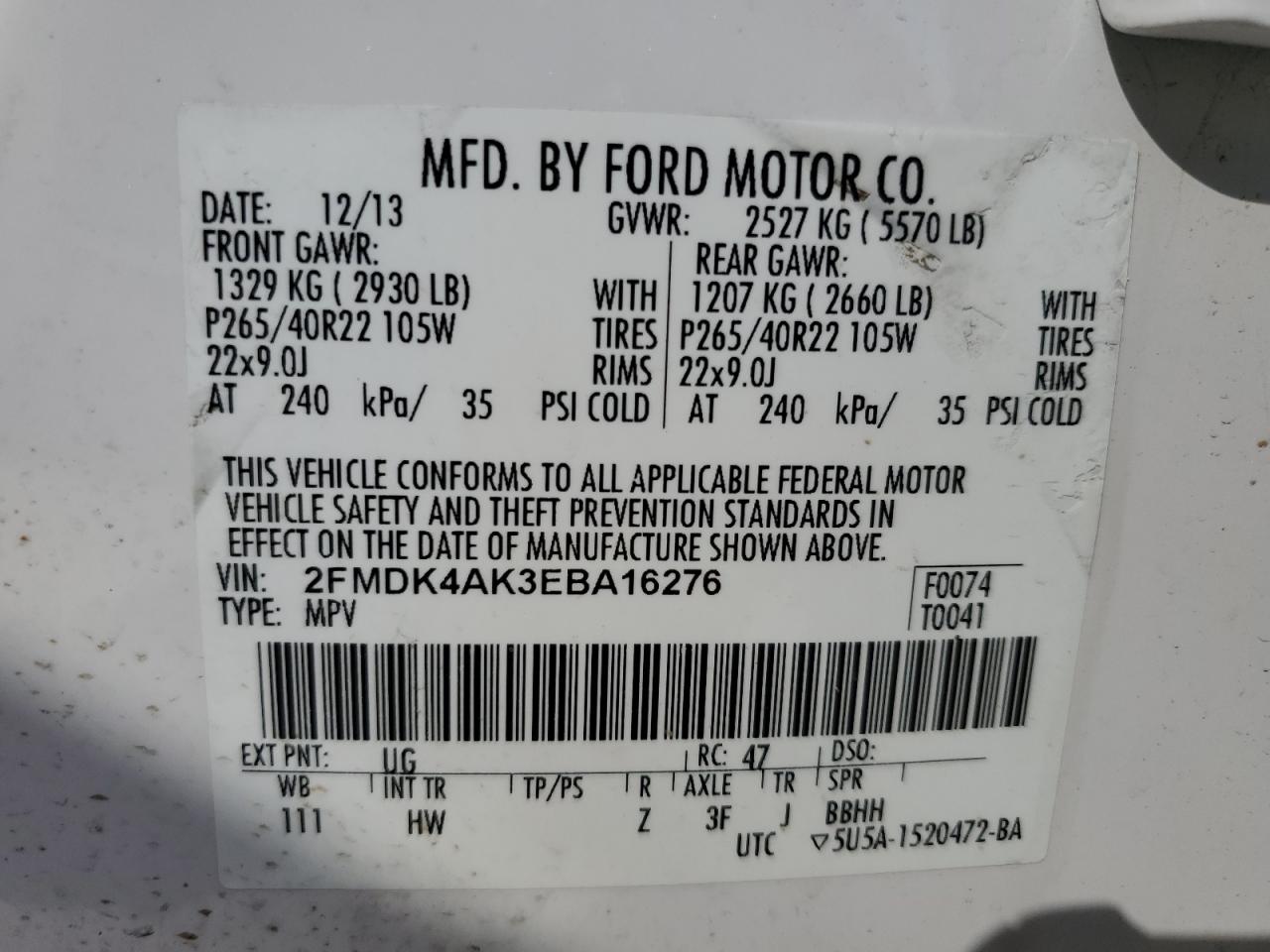 2014 Ford Edge Sport VIN: 2FMDK4AK3EBA16276 Lot: 54201835