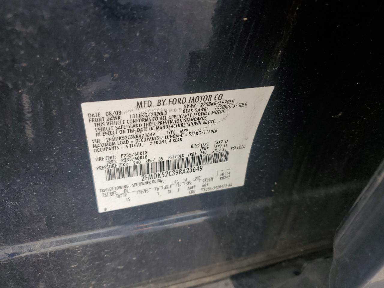 2009 Ford Flex Sel VIN: 2FMDK52C39BA23649 Lot: 54831105