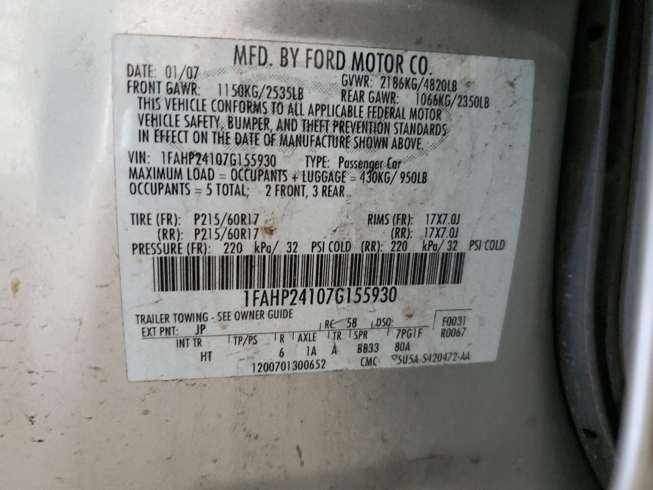 2007 Ford Five Hundred Sel VIN: 1FAHP24107G155930 Lot: 55424255