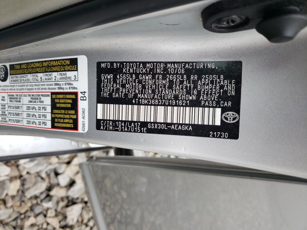 2007 Toyota Avalon Xl VIN: 4T1BK36B37U191621 Lot: 57870635