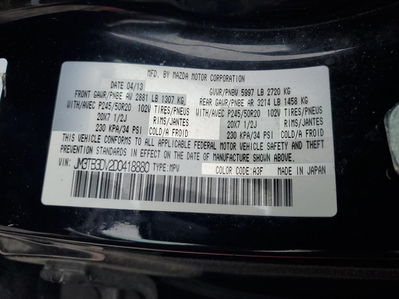 2013 Mazda Cx-9 Grand Touring VIN: JM3TB3DV2D0418880 Lot: 58210975