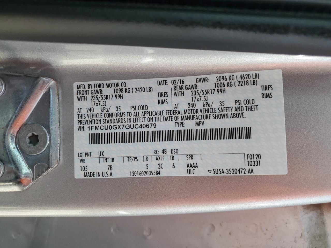 2016 Ford Escape Se VIN: 1FMCU0GX7GUC40679 Lot: 56670195