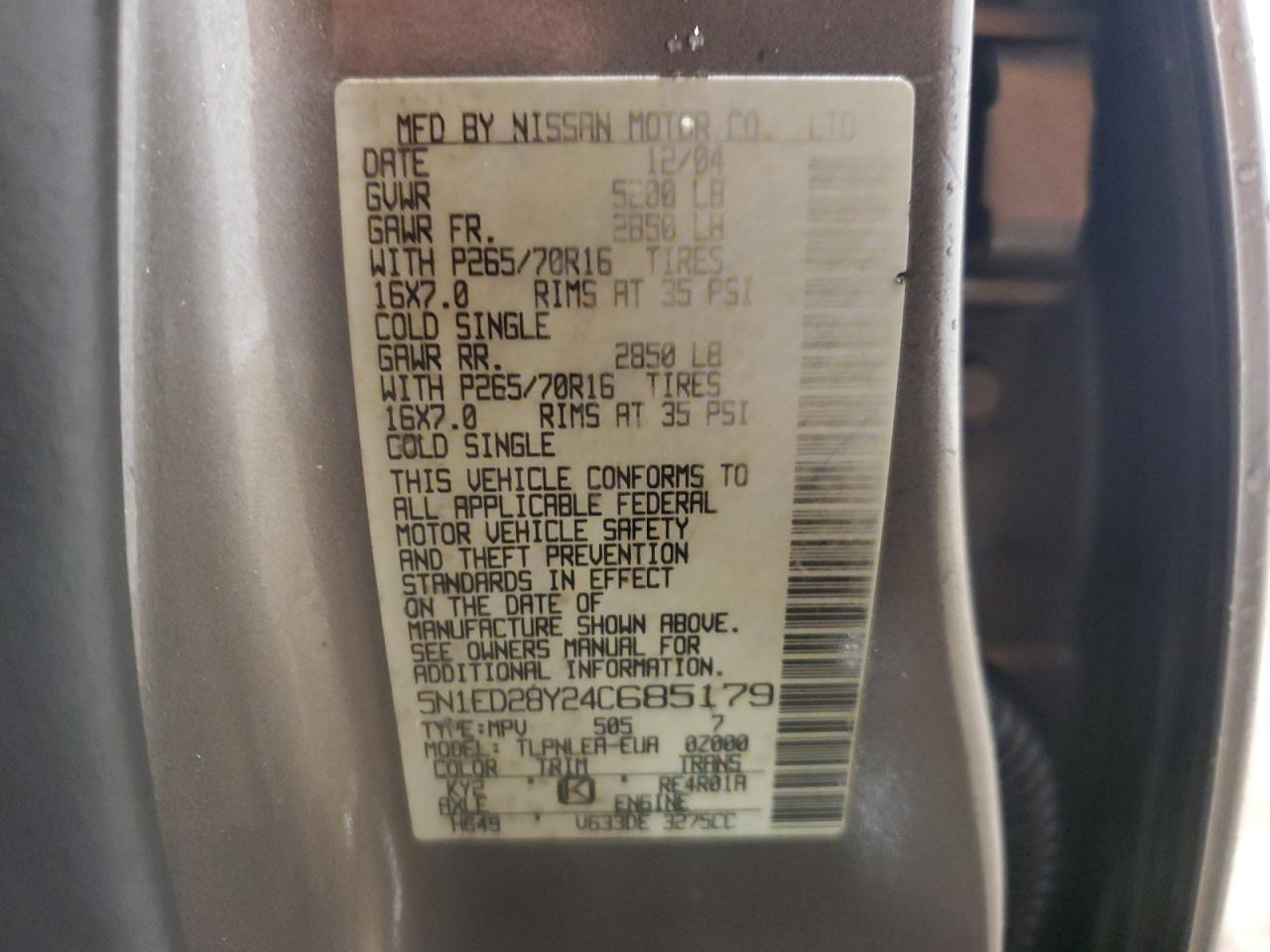 2004 Nissan Xterra Xe VIN: 5N1ED28Y24C685179 Lot: 56485525