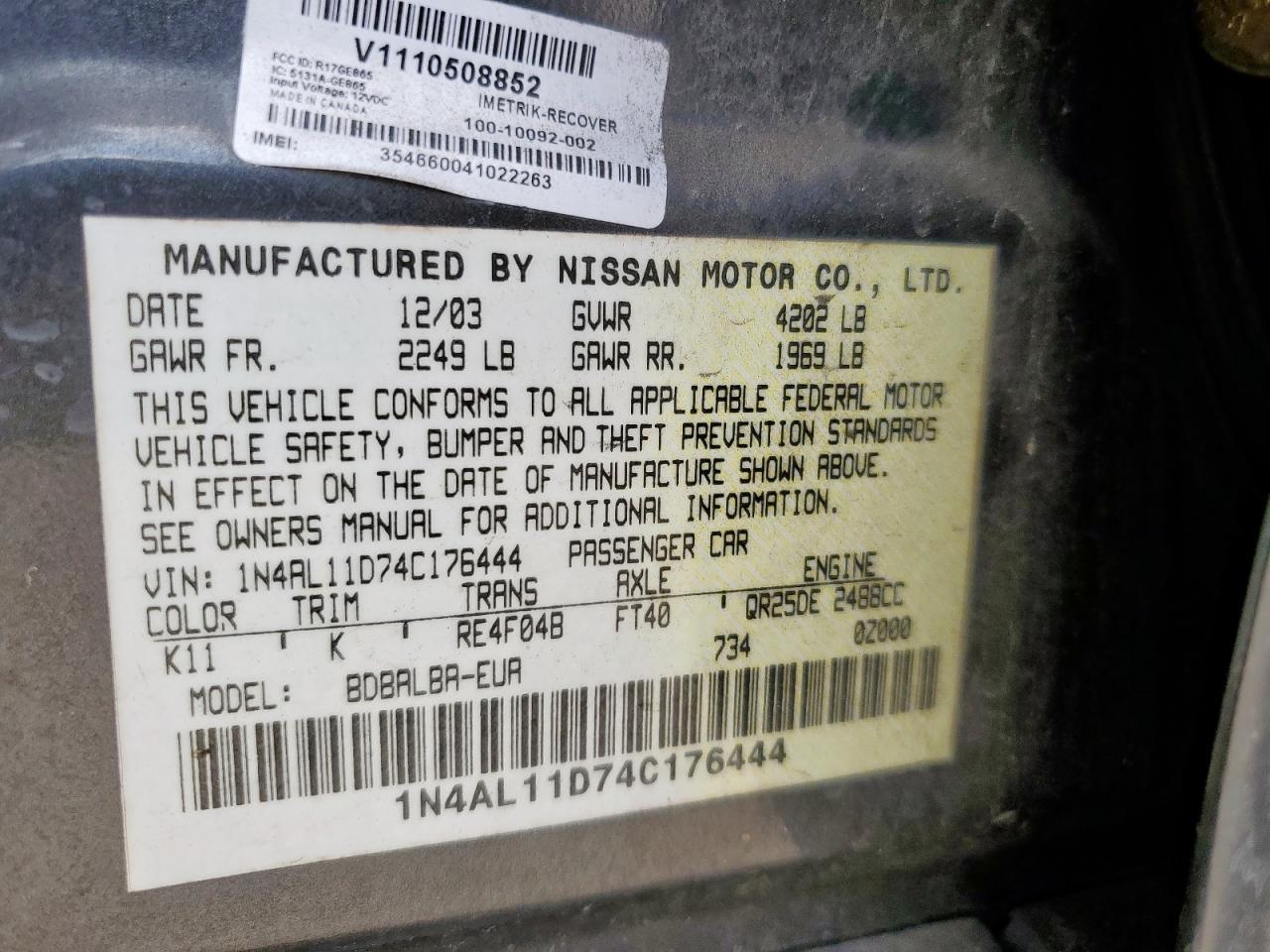 2004 Nissan Altima Base VIN: 1N4AL11D74C176444 Lot: 58266465