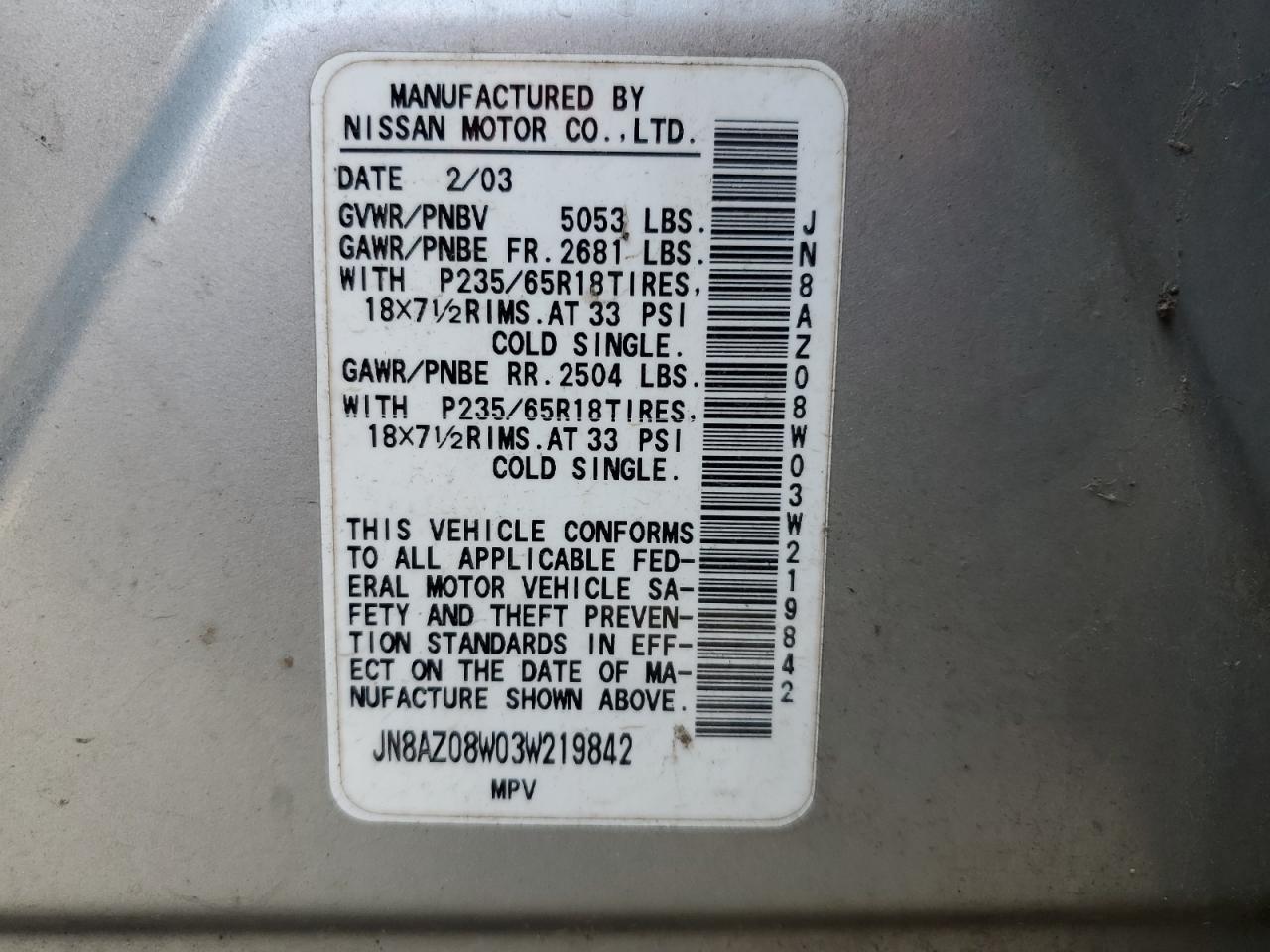 2003 Nissan Murano Sl VIN: JN8AZ08W03W219842 Lot: 55554015