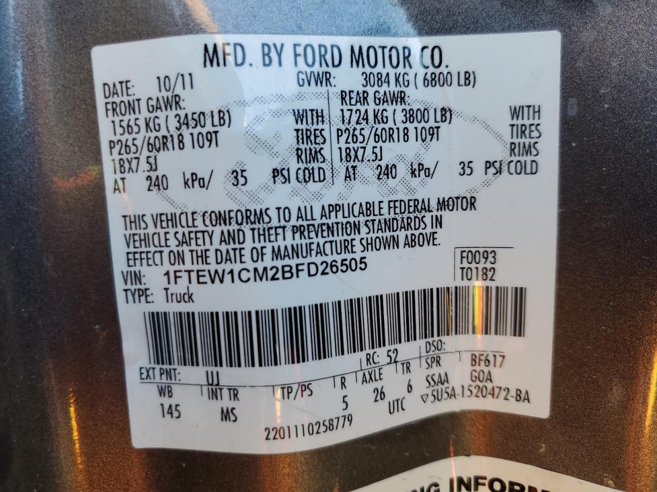 1FTEW1CM2BFD26505 2011 Ford F150 Supercrew