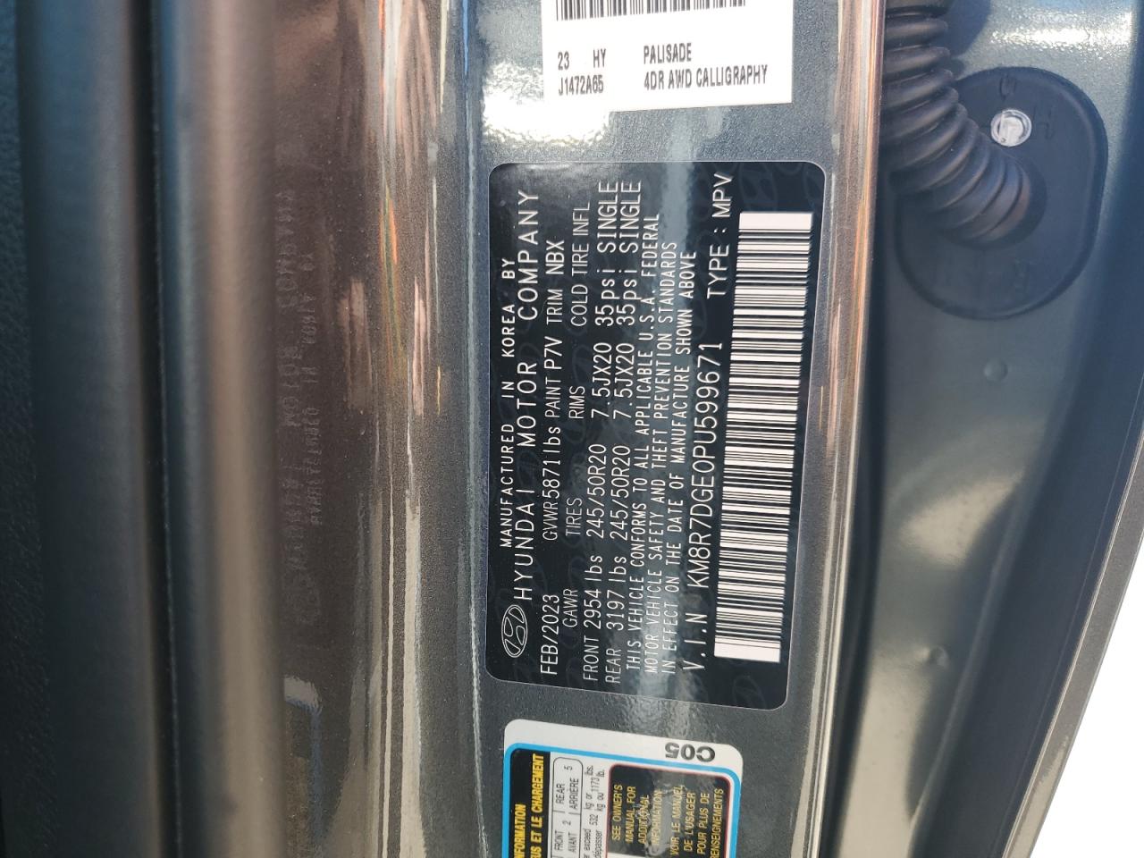 2023 Hyundai Palisade Calligraphy VIN: KM8R7DGE0PU599671 Lot: 56604385