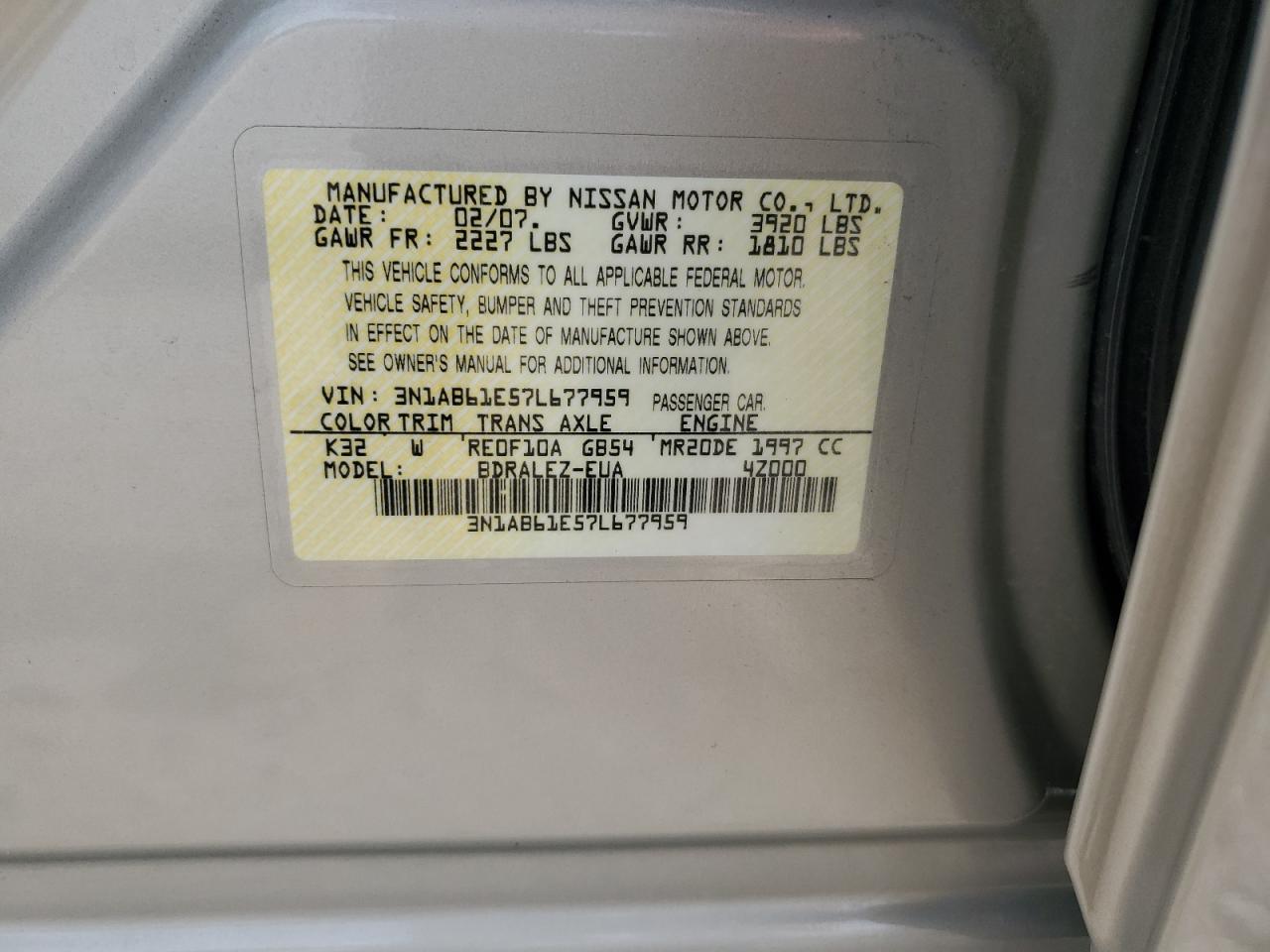 2007 Nissan Sentra 2.0 VIN: 3N1AB61E57L677959 Lot: 58856445