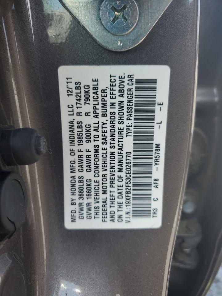 2012 Honda Civic Lx VIN: 19XFB2F53CE026770 Lot: 56837005
