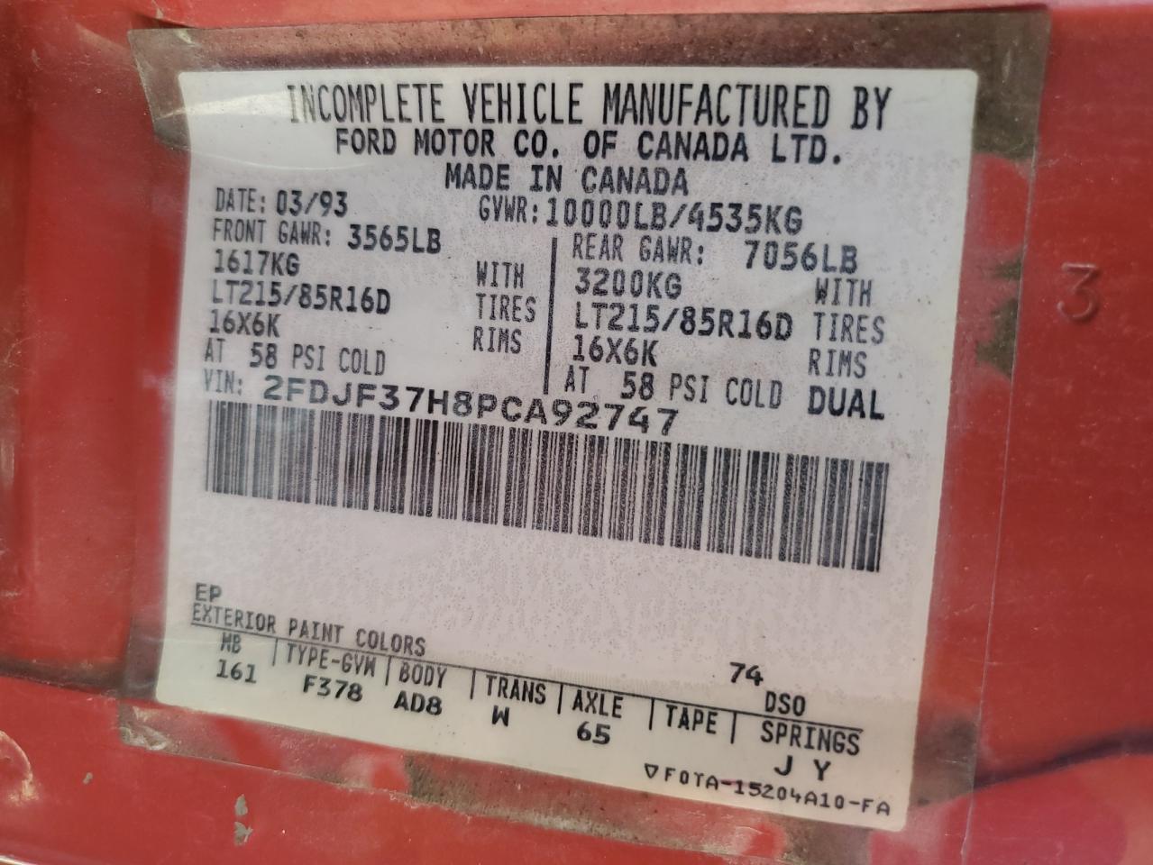 1993 Ford F350 VIN: 2FDJF37H8PCA92747 Lot: 55006775