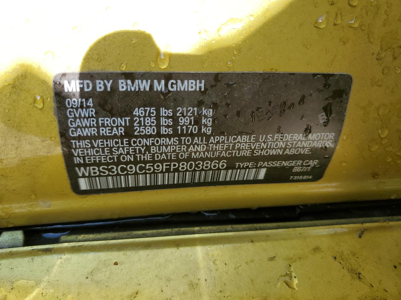 2015 BMW M3 VIN: WBS3C9C59FP803866 Lot: 59126275
