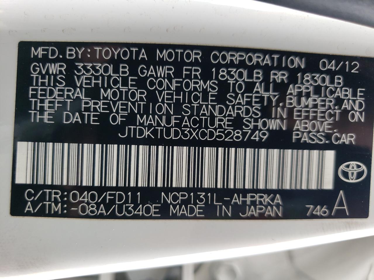 2012 Toyota Yaris VIN: JTDKTUD3XCD528749 Lot: 56803205