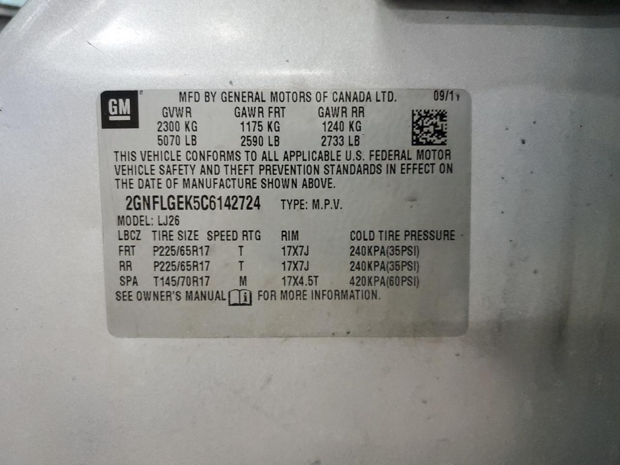 2012 Chevrolet Equinox Ltz VIN: 2GNFLGEK5C6142724 Lot: 57130465