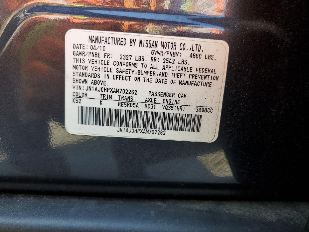 2010 Infiniti Ex35 Base VIN: JN1AJ0HPXAM702262 Lot: 58598515