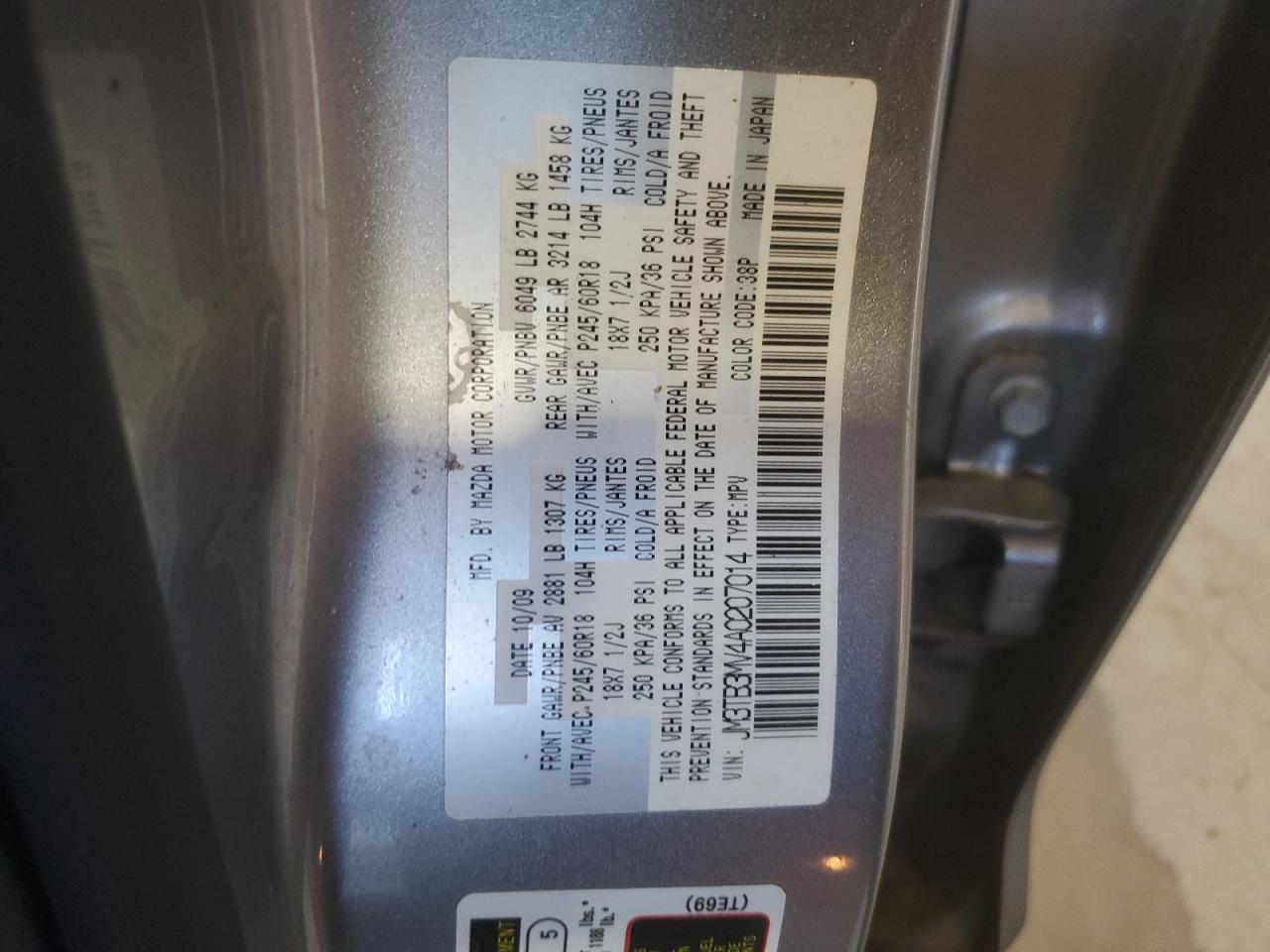 2010 Mazda Cx-9 VIN: JM3TB3MV4A0207014 Lot: 54718545