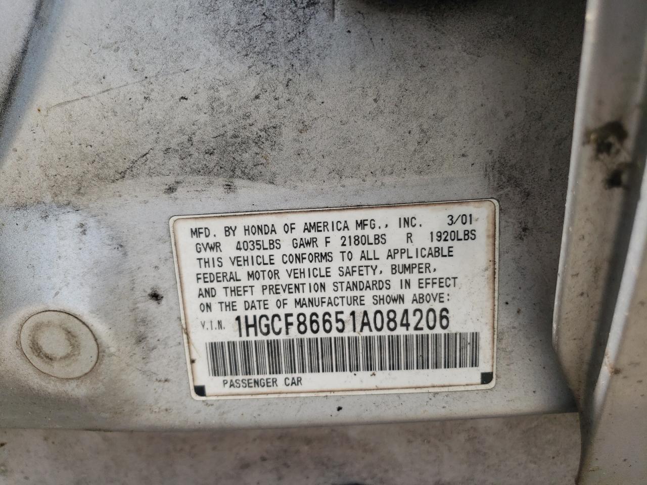 2001 Honda Accord Value VIN: 1HGCF86651A084206 Lot: 56492445