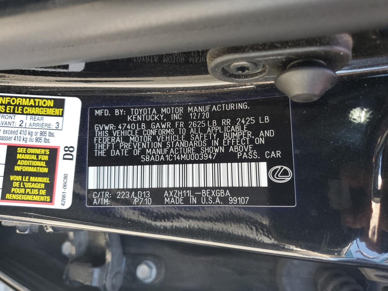 2021 Lexus Es 300H VIN: 58ADA1C14MU003947 Lot: 56539095