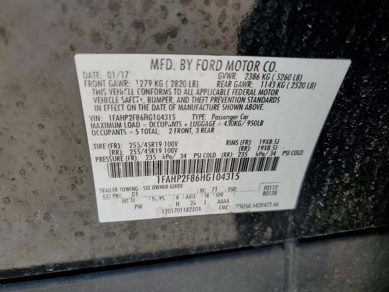2017 Ford Taurus Limited VIN: 1FAHP2F86HG104315 Lot: 56889605