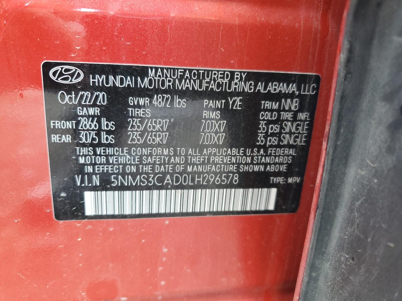 2020 Hyundai Santa Fe Sel VIN: 5NMS3CAD0LH296578 Lot: 57180705