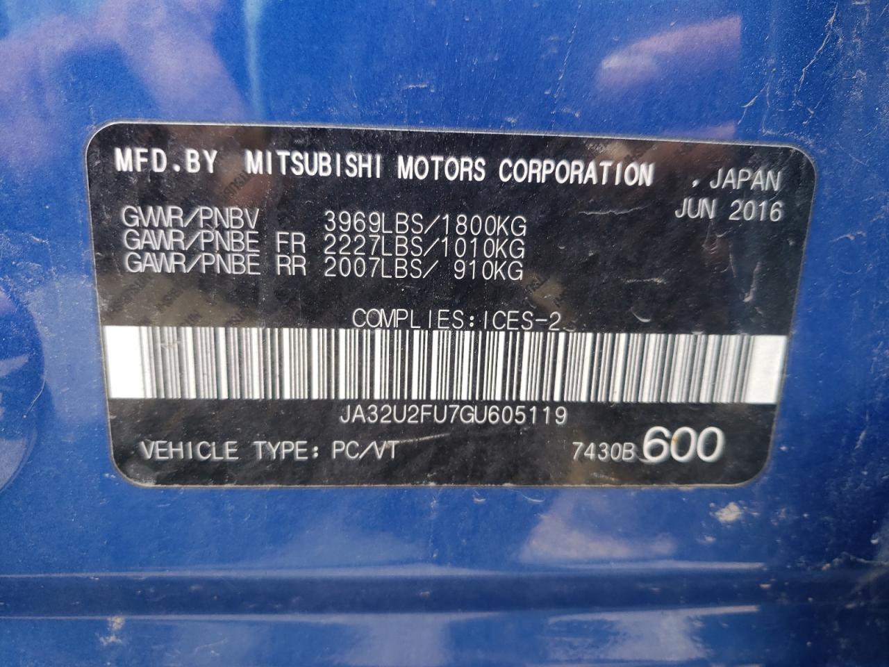 2016 Mitsubishi Lancer Es VIN: JA32U2FU7GU605119 Lot: 55999045