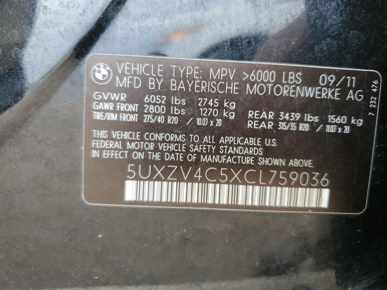 2012 BMW X5 xDrive35I VIN: 5UXZV4C5XCL759036 Lot: 58137395