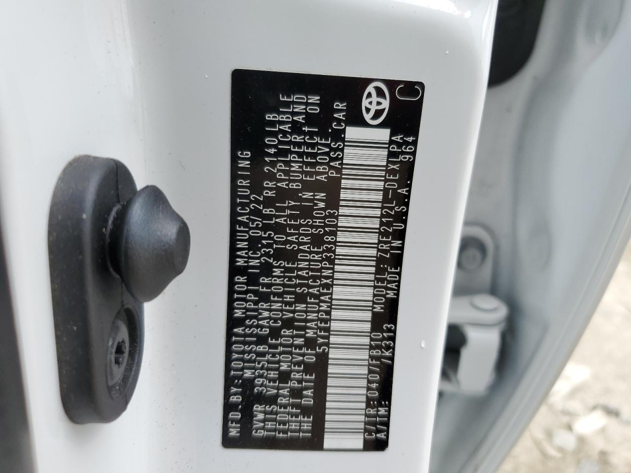 2022 Toyota Corolla Le VIN: 5YFEPMAEXNP338103 Lot: 58666745