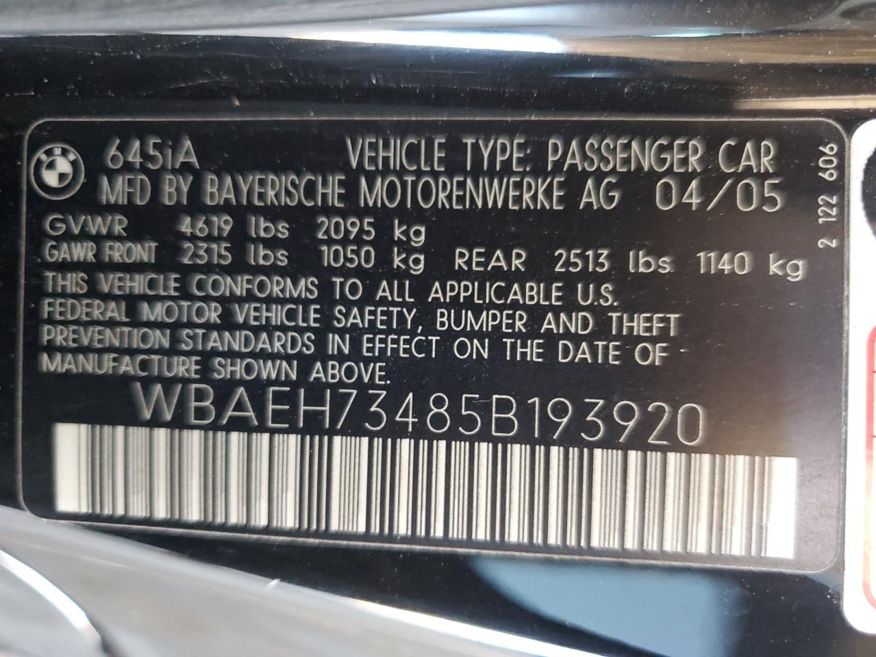 2005 BMW 645 Ci Automatic VIN: WBAEH73485B193920 Lot: 56665065