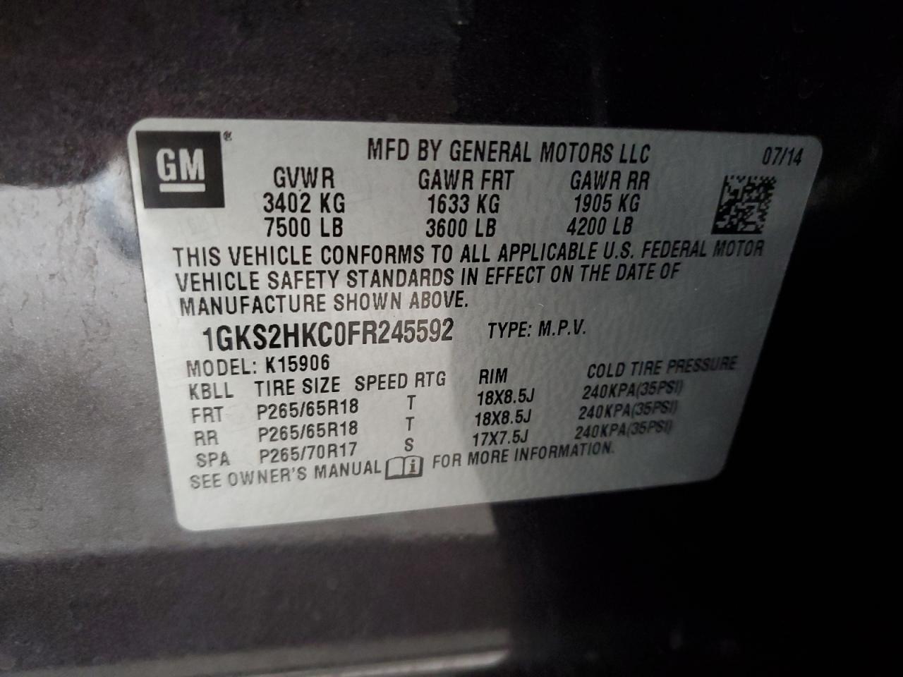 2015 GMC Yukon Xl K1500 Slt VIN: 1GKS2HKC0FR245592 Lot: 58989475